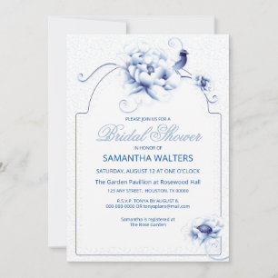 Blue Bird Rose Chinoiserie Floral   Bridal Shower Invitation