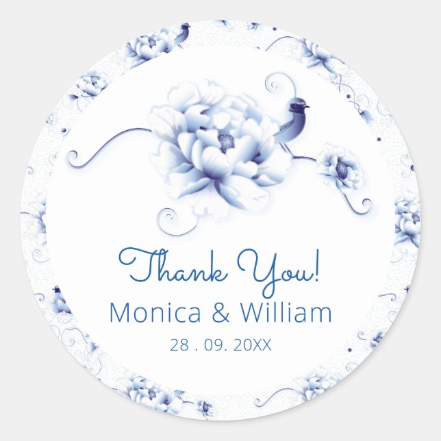Blue Bird Rose Chinoiserie Floral Classic Round Sticker (Front)