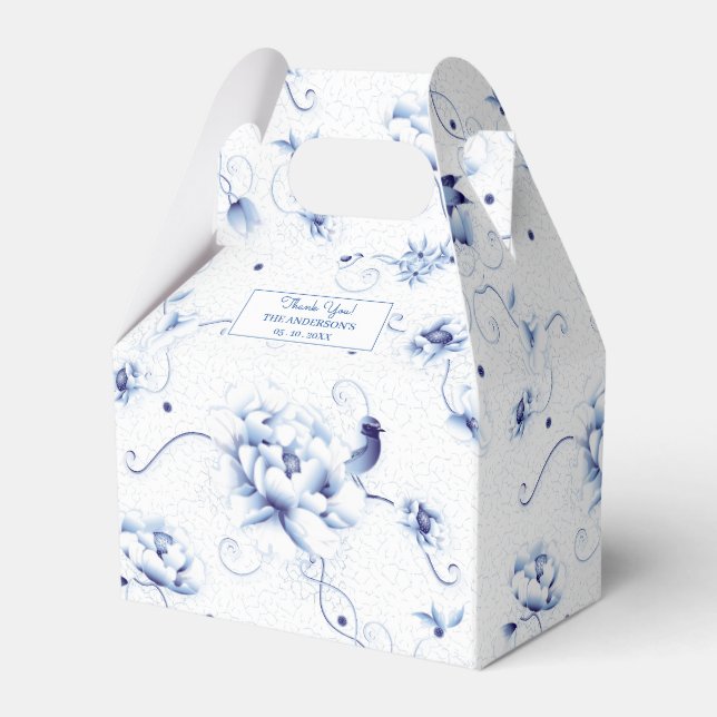 Blue Bird Rose Chinoiserie Floral Favor Box (Front Side)