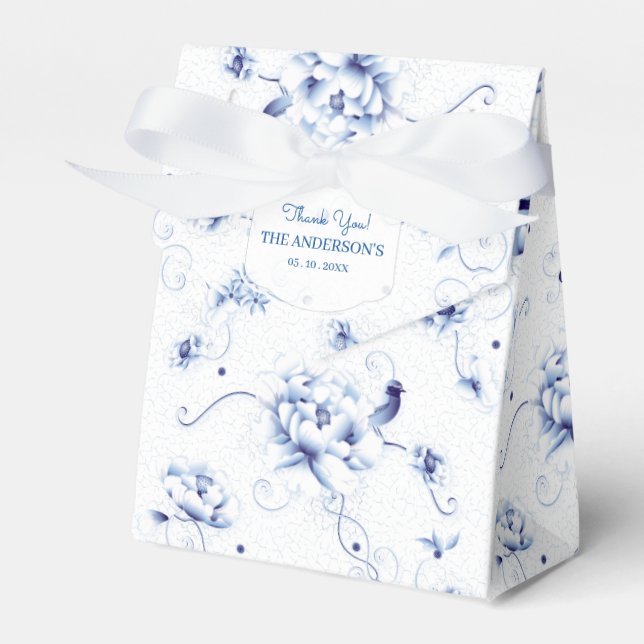 Blue Bird Rose Chinoiserie Floral Favor Box (Front Side)