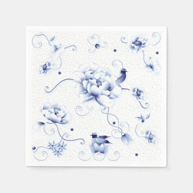 Blue Bird Rose Chinoiserie Floral Napkin (Front)