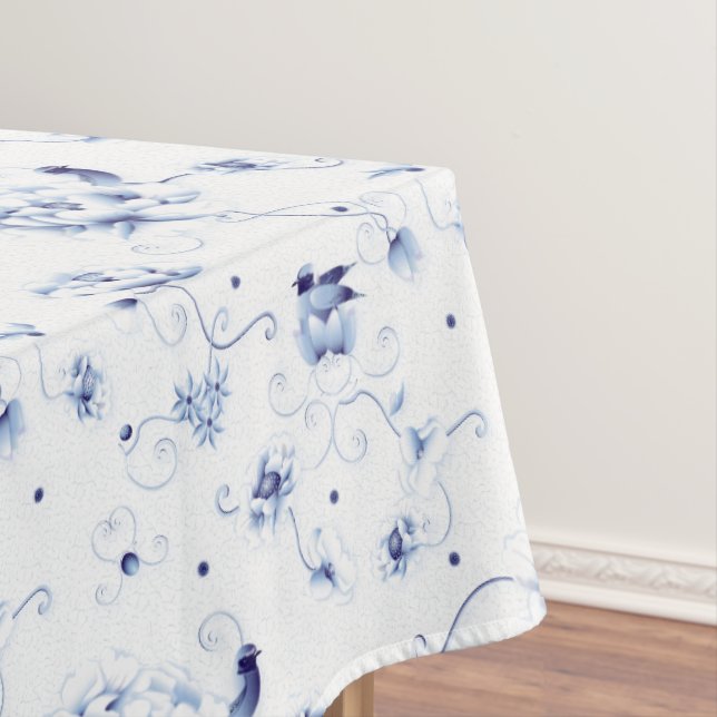 Blue Bird Rose Chinoiserie Floral Tablecloth (In Situ)