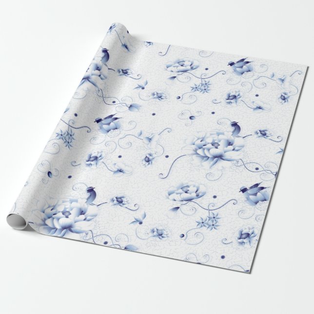 Blue Bird Rose Chinoiserie Floral Wrapping Paper (Unrolled)