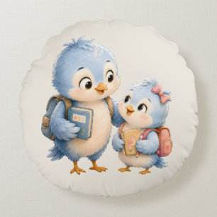 Blue Bird Siblings Round Throw Pillow