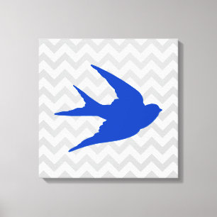 Blue Bird Silhouette on Chevron Stripes Canvas Print