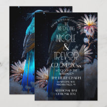 Blue Bird Snow Flowers Wedding Invitation