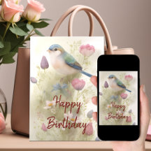 Blue Bird Spring Flowers Watercolor Birthday