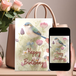 Blue Bird Spring Flowers Watercolor Birthday Card