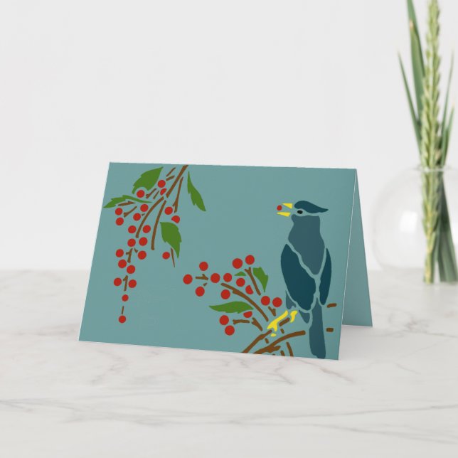 Blue Bird with Berries Holiday Card (Front)