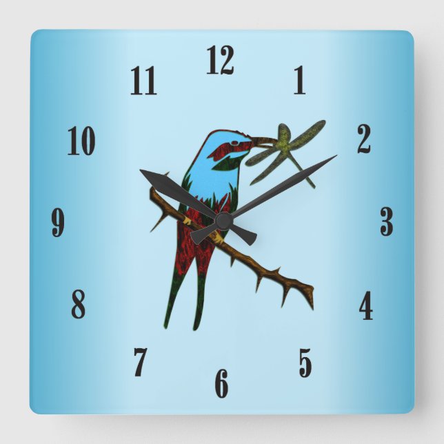 Blue Bird with Black Numbers Square Wall Clock (Front)