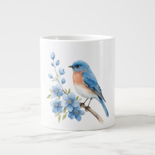 Blue bird with blue flowers large coffee mug