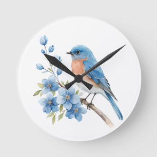 Blue bird with blue flowers round clock