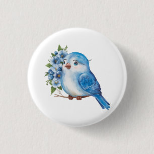 Blue Bird with Flowers 1 Inch Round Button
