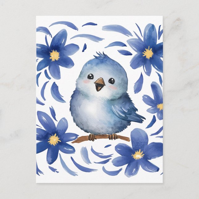 Blue Bird with flowers Postcard (Front)