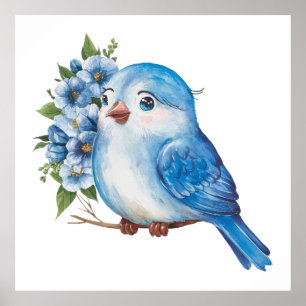 Blue Bird with Flowers Poster