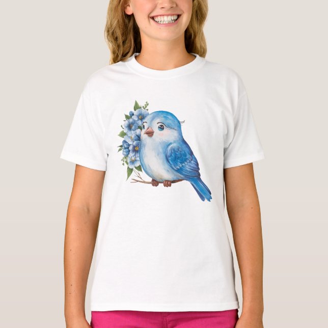 Blue Bird with Flowers T-Shirt (Front)