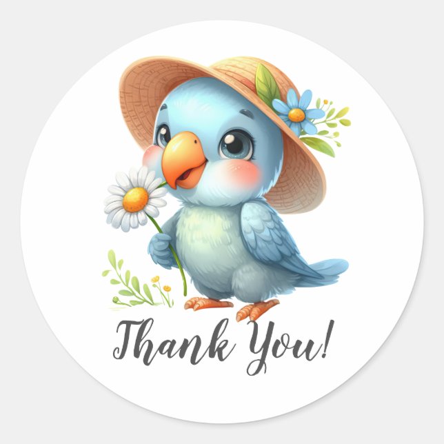 Blue Bird with Hat and Flower Thank You Classic Round Sticker (Front)