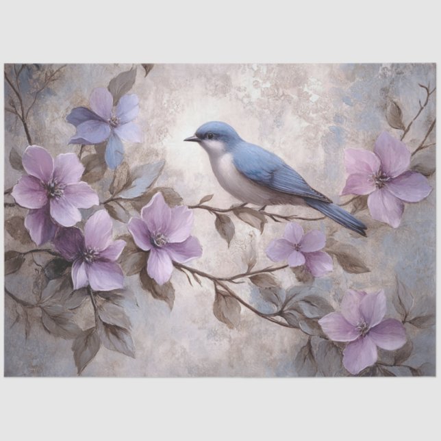Blue Bird with Purple Flowers Decoupage Tissue Paper (Front)