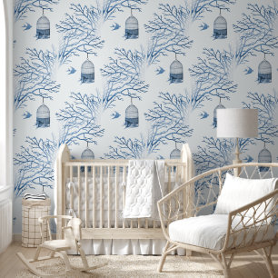 Blue Birdcage Bare Branches Wallpaper
