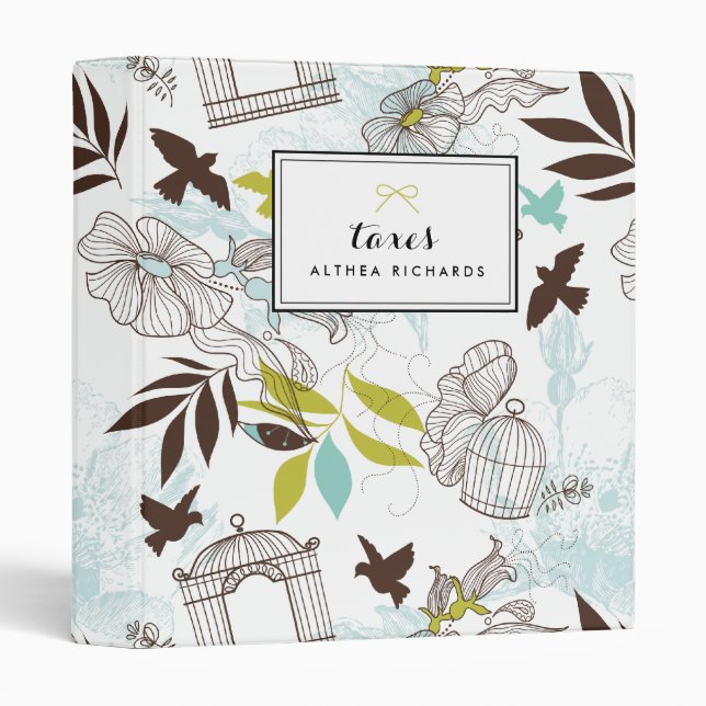 Blue Birdcages Floral Pattern Personalized Binder (Front/Spine)