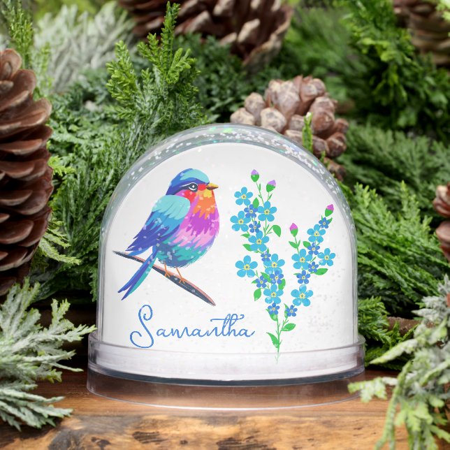 Blue Birdie Forget Me Not Flowers 80th Birthday Snowglobe (Winter)