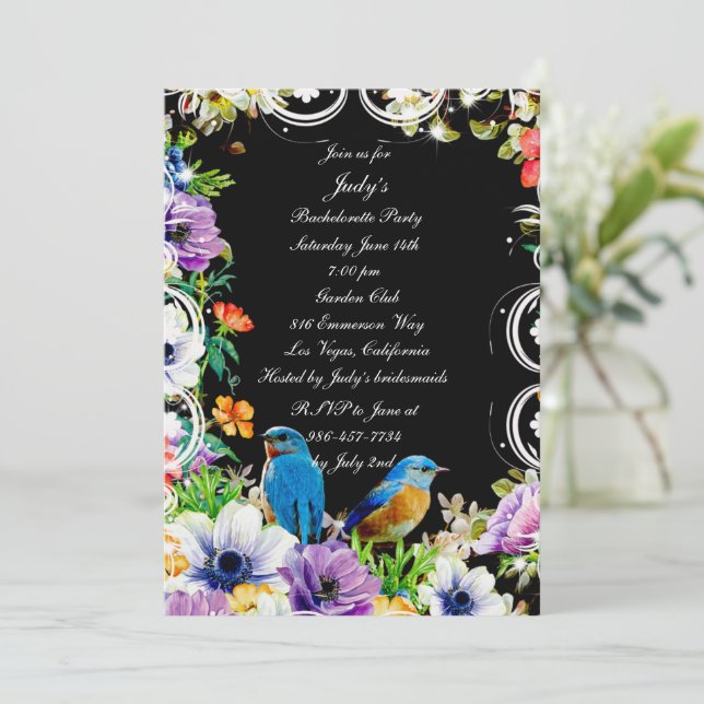 Blue Birds And Botanical Floral Bachelorette Party Invitation (Standing Front)