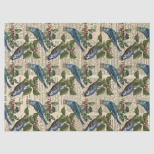 Blue Birds and Christmas Holly Berries Decoupage Tissue Paper