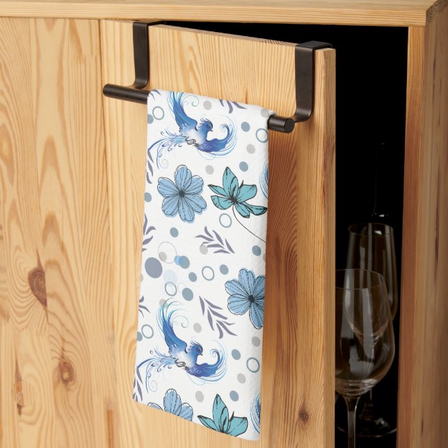Blue Birds and Floral Harmony Seamless Pattern Kitchen Towel (Thirds Fold)