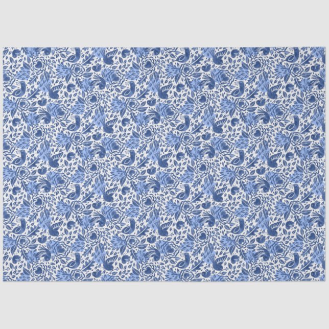 Blue Birds and Hearts Illustrated Decoupage Tissue Paper (Front)