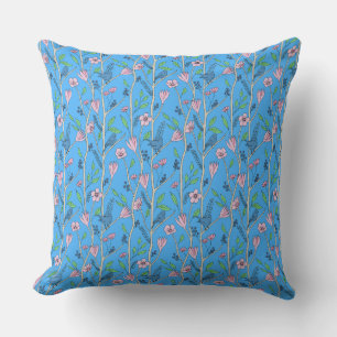 Blue Birds and Pink Flowers Throw Pillow