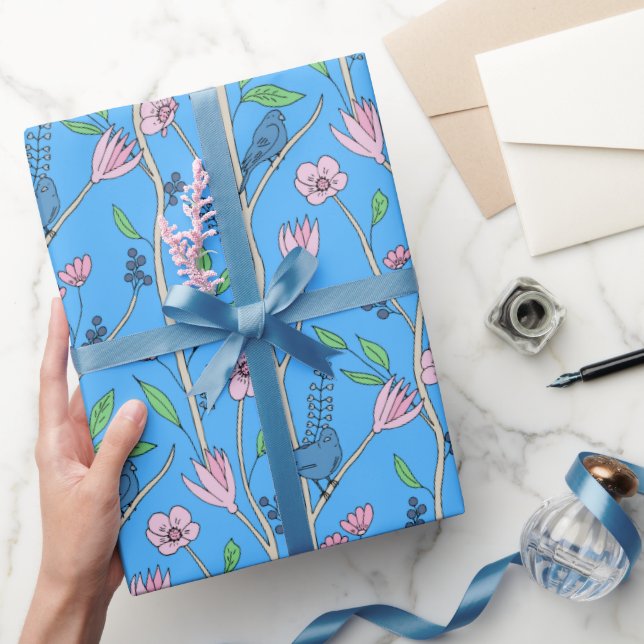Blue Birds and Pink Flowers Wrapping Paper (Gifting)