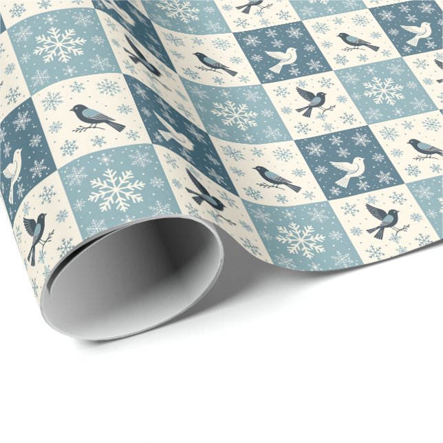 Blue Birds and Snowflakes Christmas Winter Pattern Wrapping Paper (Roll Corner)