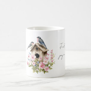 Blue Birds Bird House Joy Pink Floral Coffee Mug