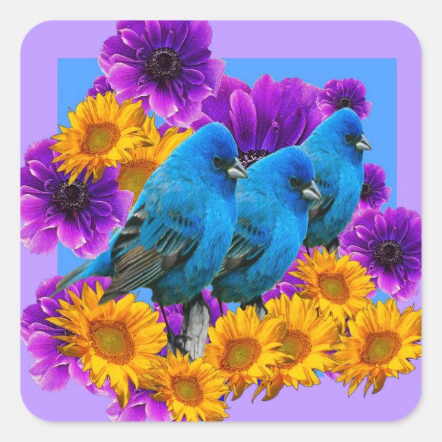 BLUE BIRDS FLOWERS BLUE ART SQUARE STICKER (Front)