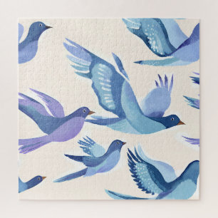Blue Birds Flying   Modern Watercolor Jigsaw Puzzle
