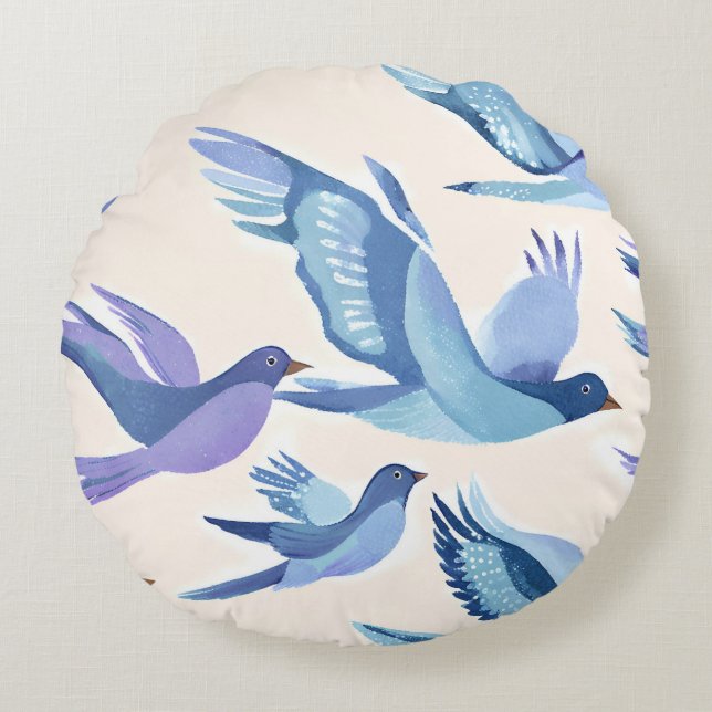 Blue Birds Flying | Modern Watercolor Round Pillow (Front)