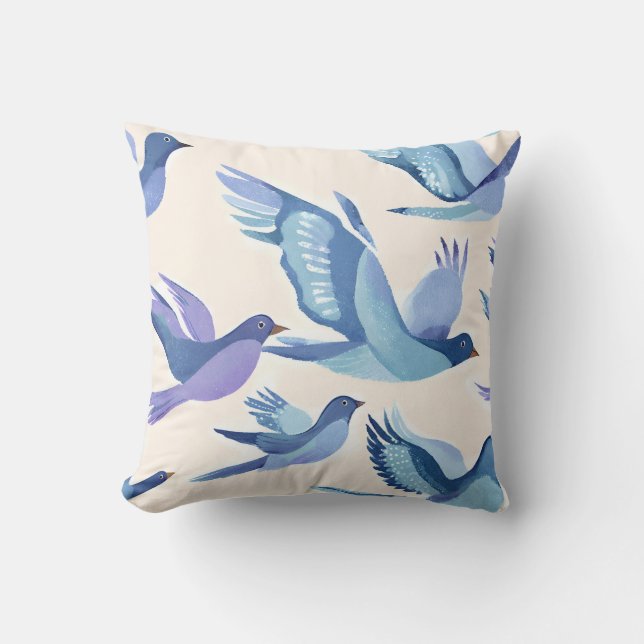 Blue Birds Flying | Modern Watercolor Throw Pillow (Front)