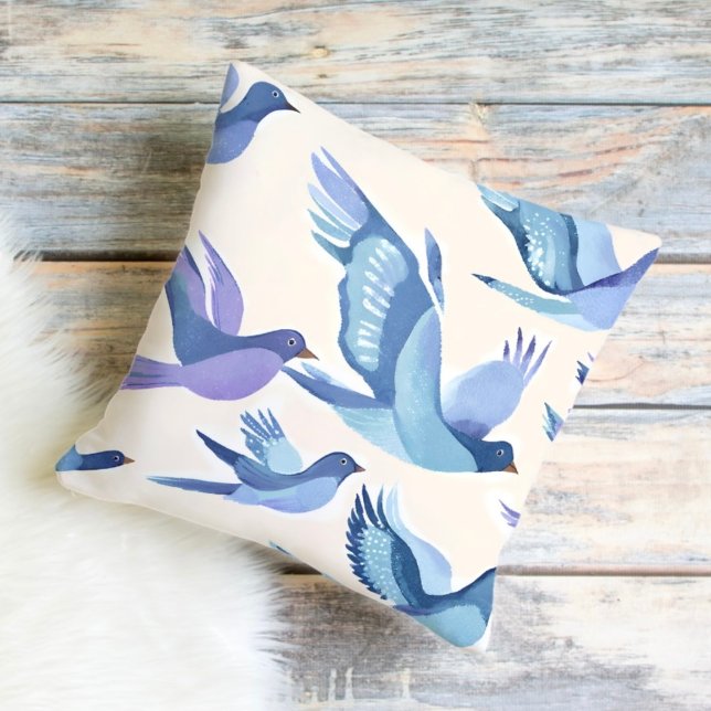 Blue Birds Flying | Modern Watercolor Throw Pillow (Creator Uploaded)