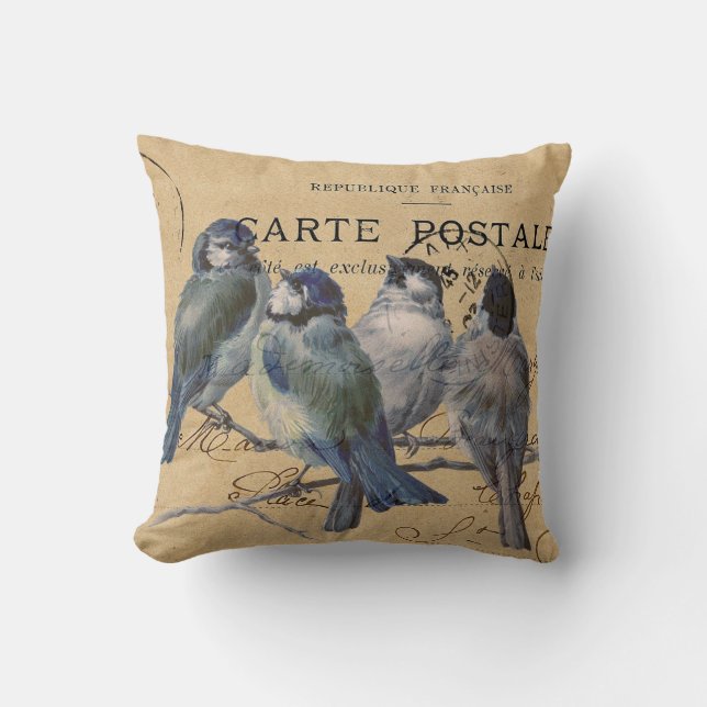 blue birds, french postcard, shabby chic throw pillow (Front)
