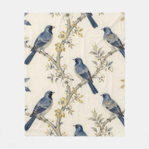 Blue Birds Golden Blossom Pattern Fleece Blanket