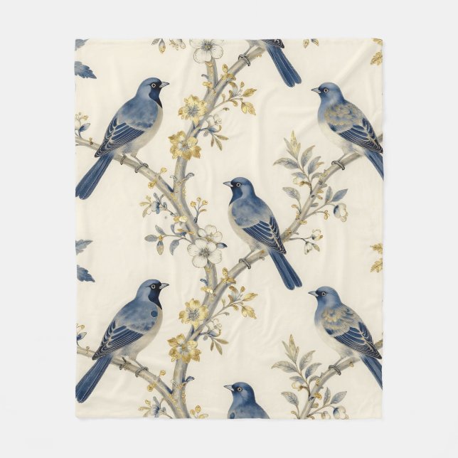 Blue Birds Golden Blossom Pattern Fleece Blanket (Front)