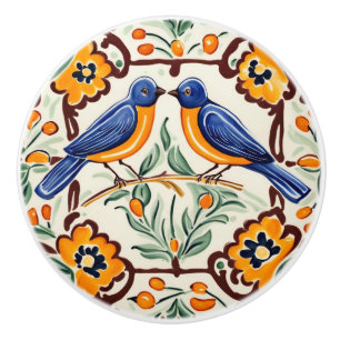 Blue birds Mediterranean BlueBird Folk Floral Ceramic Knob