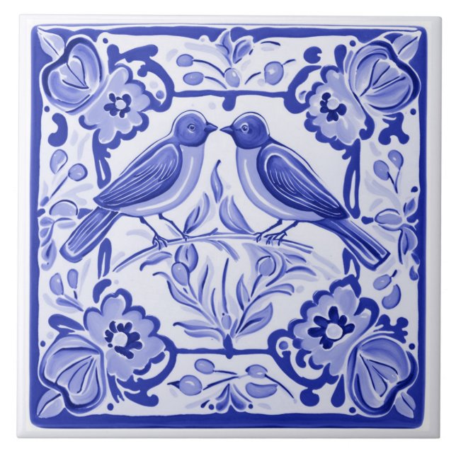 Blue birds Mediterranean BlueBirds Folk Floral Tile (Front)