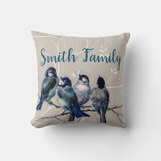 Blue Birds on a Branch Throw Pillow (Front)