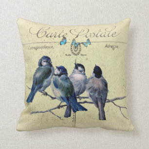 blue birds on a vintage french postcard throw pillow