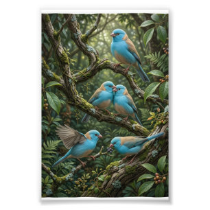Blue Birds On Lush Forest Trees Botanical Wildlife Photo Print