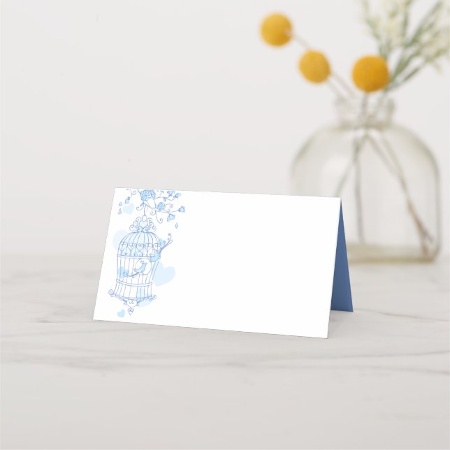 Blue birds open cage graphic guest place cards (Back)