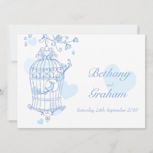 blue birds open cage wedding invitation