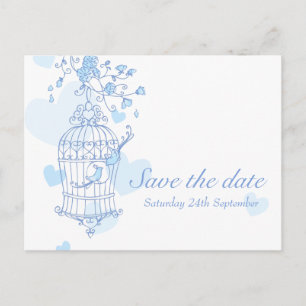 Blue birds open cage wedding save the date card