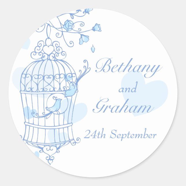 Blue birds open cage wedding sticker (Front)